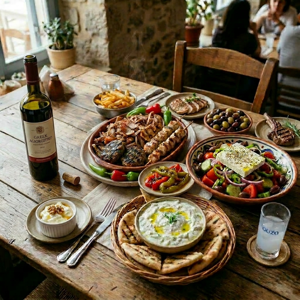 Table with Greek dishes including grilled meat skewers, salad with feta, stuffed pastries, octopus, and tzatziki with pita bread