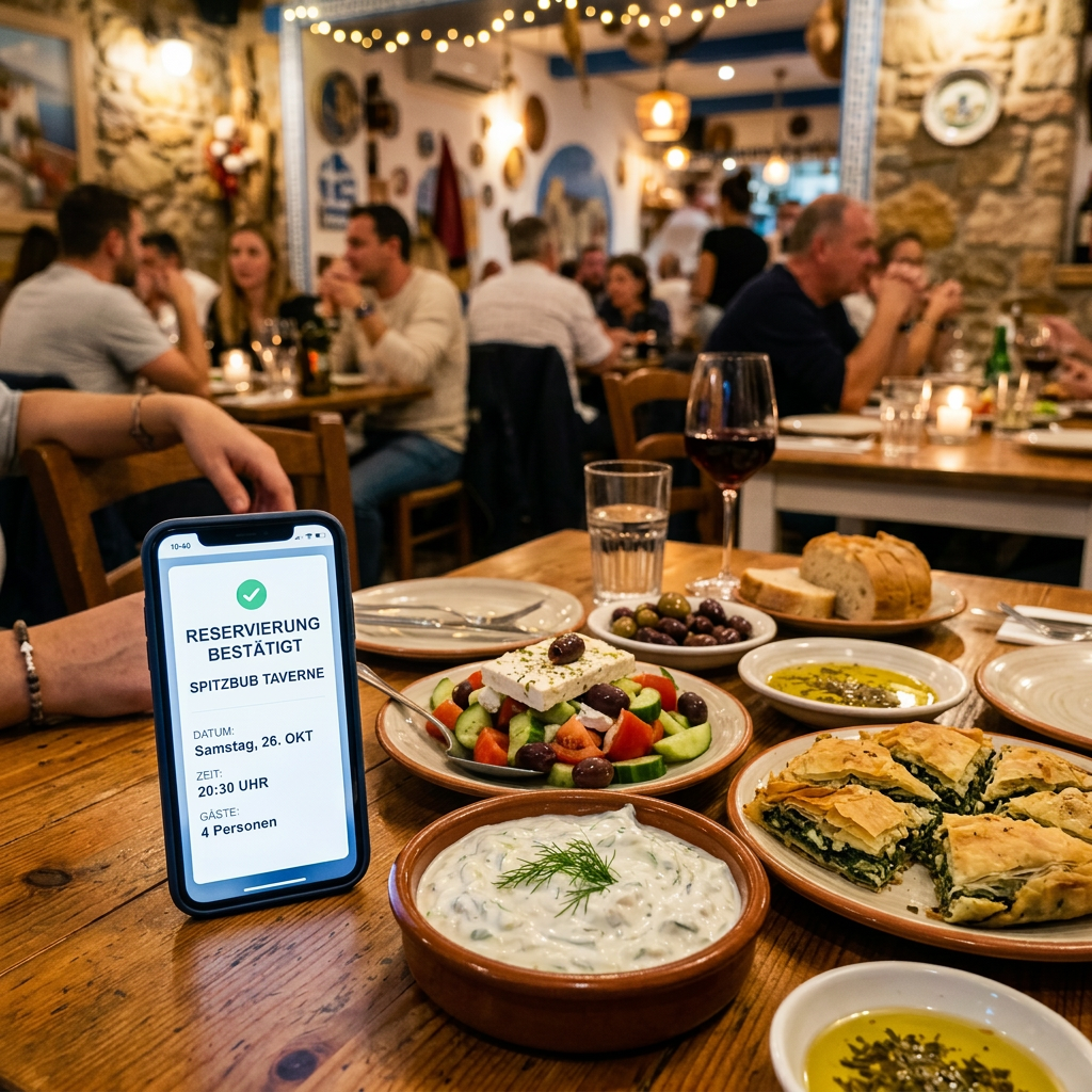 Smartphone showing reservation confirmation for Taverna Olympos with Greek appetizers on table
